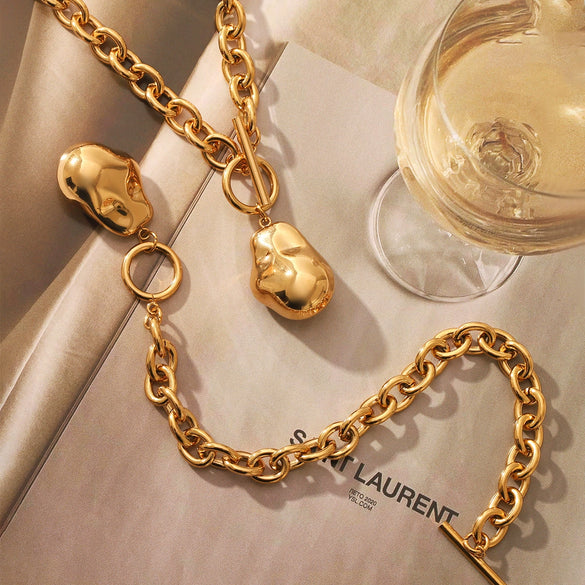 Wholesale Jewelry Retro Stainless Steel Geometric Asymmetrical Buckle Pendant Necklace Goldplated Vacuum Plating For Women