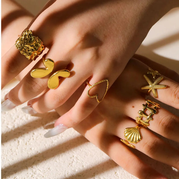 Wholesale Jewelry Retro Starfish Heart Shape 304 Stainless Steel Plating Open Rings