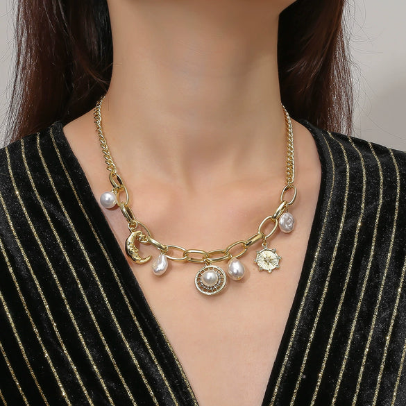 Wholesale Jewelry Retro Style Alloy Geometric Ancient Coin Multipendant Devil's Eye Necklace With Electroplating