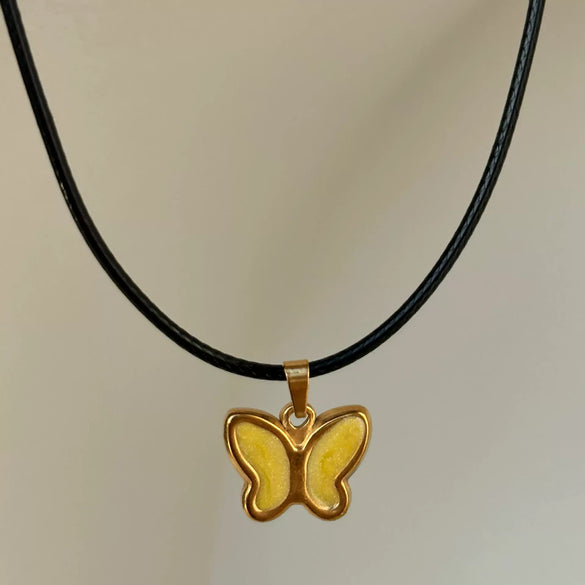 Wholesale Jewelry Retro Style Butterfly Pendant Necklace Titanium Steel Geometric Dripping Oil Real Gold Plating