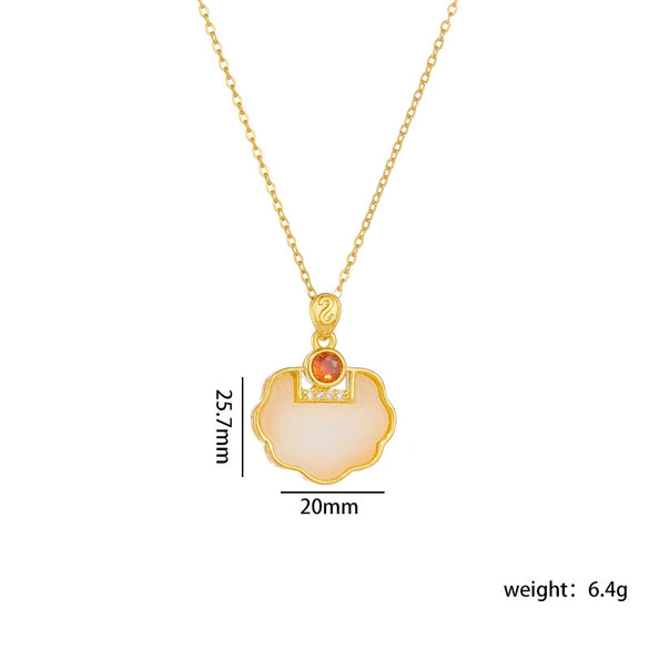 Wholesale Jewelry Retro Style Copper Electroplated Ochain Mixed Gem Inlay Safety Lock Clover Pendant Clavicle Chain For Women