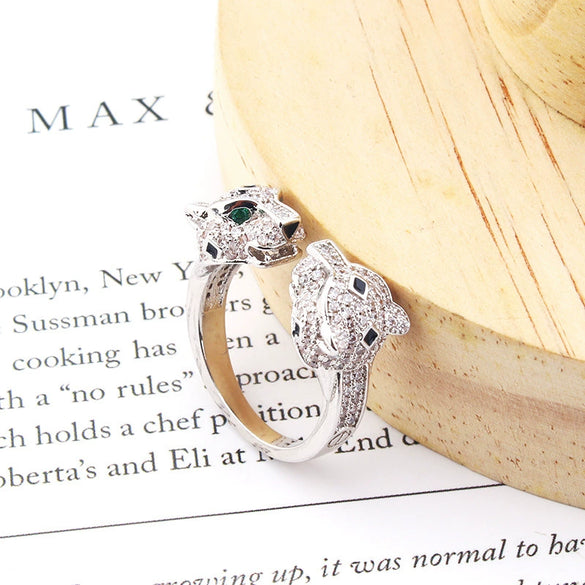 Wholesale Jewelry Retro Style Doubleheaded Leopard Open Bracelet Ring Set Made Of Environmental Protection Copper With Microinlaid Zircon And Electroplating Treatment