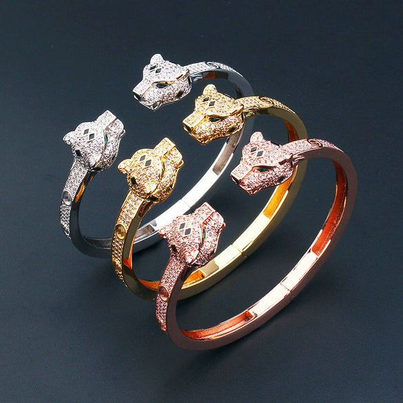 Wholesale Jewelry Retro Style Doubleheaded Leopard Open Bracelet Ring Set Made Of Environmental Protection Copper With Microinlaid Zircon And Electroplating Treatment