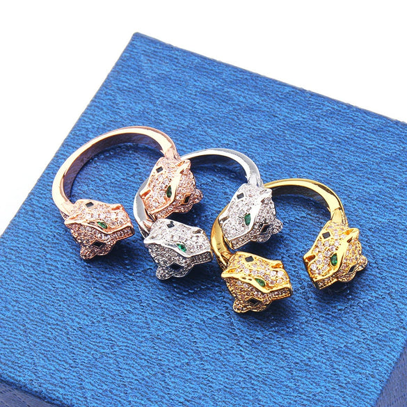 Wholesale Jewelry Retro Style Doubleheaded Leopard Open Bracelet Ring Set Made Of Environmental Protection Copper With Microinlaid Zircon And Electroplating Treatment
