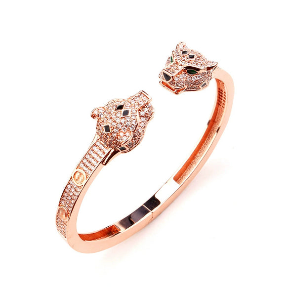 Wholesale Jewelry Retro Style Doubleheaded Leopard Open Bracelet Ring Set Made Of Environmental Protection Copper With Microinlaid Zircon And Electroplating Treatment