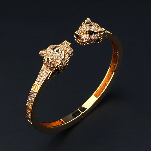 Wholesale Jewelry Retro Style Doubleheaded Leopard Open Bracelet Ring Set Made Of Environmental Protection Copper With Microinlaid Zircon And Electroplating Treatment