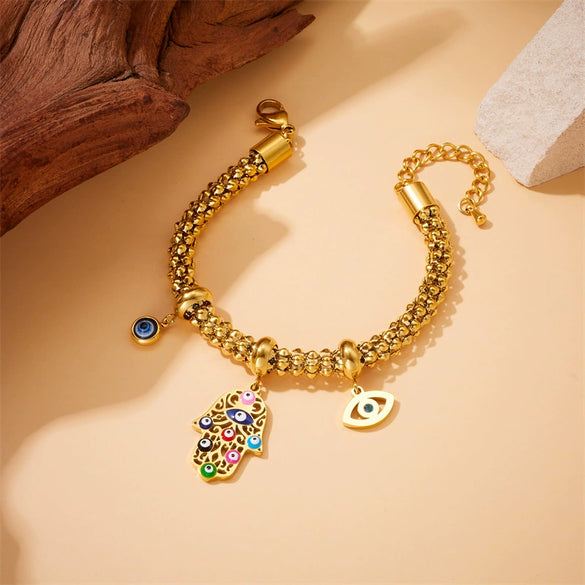 Wholesale Jewelry Retro Style Fatima Hand Eye Stainless Steel Gold Plated Bracelet For Women