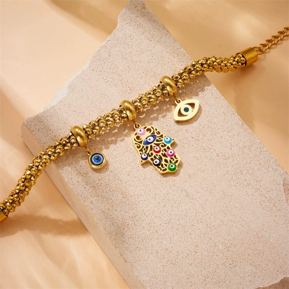 Wholesale Jewelry Retro Style Fatima Hand Eye Stainless Steel Gold Plated Bracelet For Women