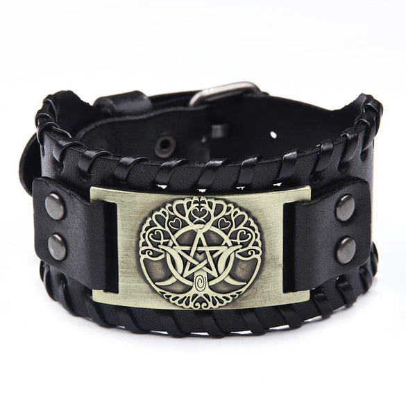 Wholesale Jewelry Retro Style Fivepointed Star Alloy And Cowhide Bracelet For Men Electroplated