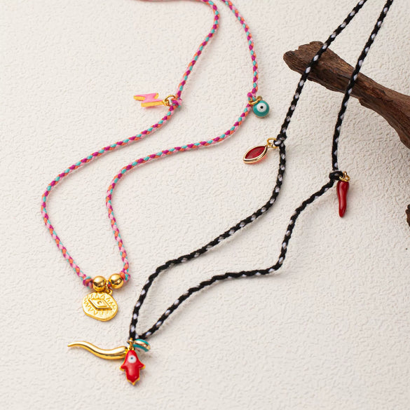 Wholesale Jewelry Retro Style Geometric Copper Cotton Rope Pendant Necklace With Evil Eye Charm