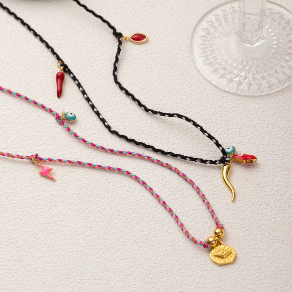 Wholesale Jewelry Retro Style Geometric Copper Cotton Rope Pendant Necklace With Evil Eye Charm