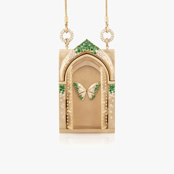 Wholesale Jewelry Retro Style Geometric Copper Goldplated Tarot Card Opening And Closing Butterfly Rebirth Door Pendant Necklace