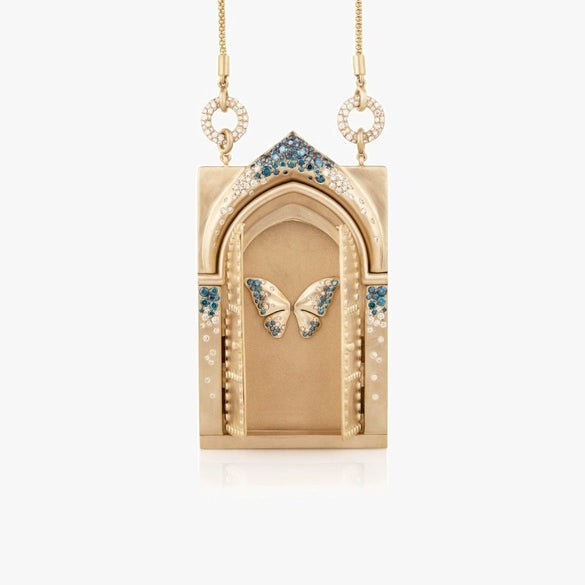 Wholesale Jewelry Retro Style Geometric Copper Goldplated Tarot Card Opening And Closing Butterfly Rebirth Door Pendant Necklace