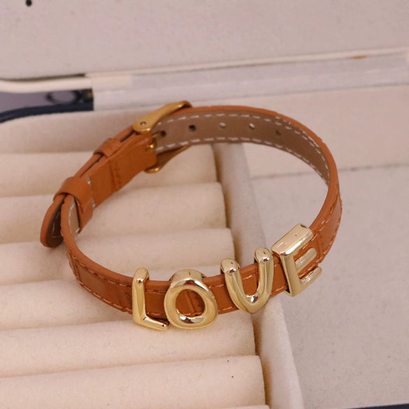 Wholesale Jewelry Retro Style Geometric Leather Strap Copper Electroplated Bracelet With Letters Love Pattern