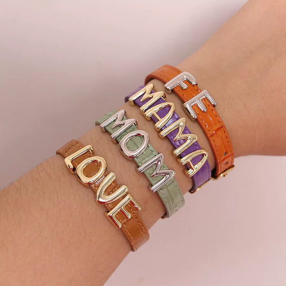 Wholesale Jewelry Retro Style Geometric Leather Strap Copper Electroplated Bracelet With Letters Love Pattern