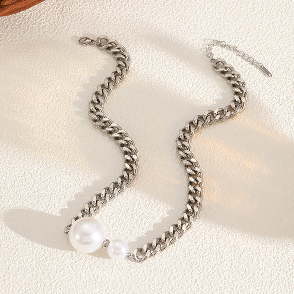 Wholesale Jewelry Retro Style Geometric Pearl Titanium Steel Pendant Necklace And Earring Set 18K Gold Plated