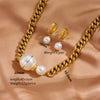 Wholesale Jewelry Retro Style Geometric Pearl Titanium Steel Pendant Necklace And Earring Set 18K Gold Plated