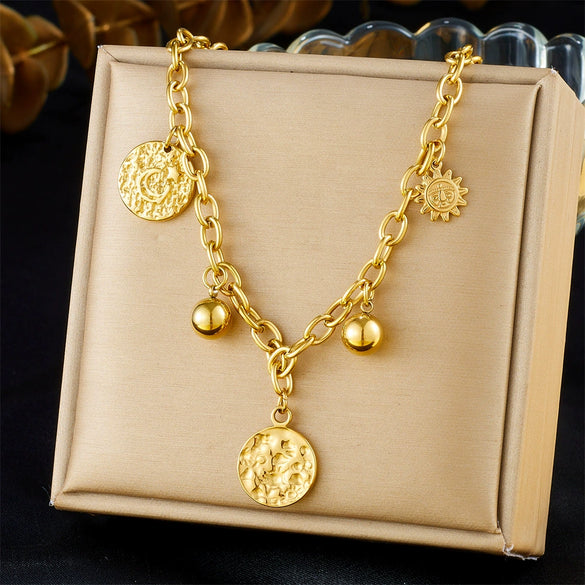 Wholesale Jewelry Retro Style Geometric Stainless Steel Chain With Gold Bead And Moon Pattern Sun Pendant
