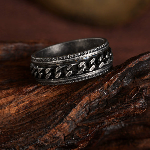 Wholesale Jewelry Retro Style Geometric Titanium Steel Embossed Rotating Chain Ring Distressed Unisex