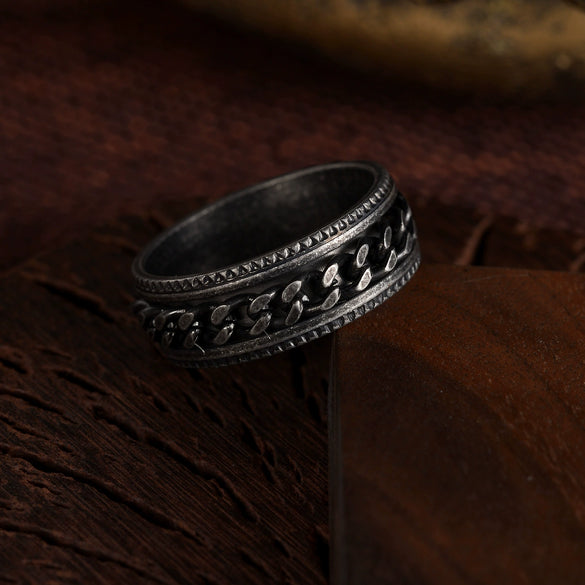 Wholesale Jewelry Retro Style Geometric Titanium Steel Embossed Rotating Chain Ring Distressed Unisex