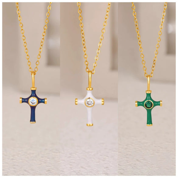 Wholesale Jewelry Retro Style Geometric Ushaped Stainless Steel And Copper Dripping Oil Inlaid Zircon Cross Necklace