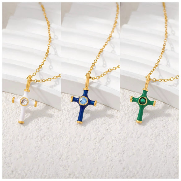 Wholesale Jewelry Retro Style Geometric Ushaped Stainless Steel And Copper Dripping Oil Inlaid Zircon Cross Necklace