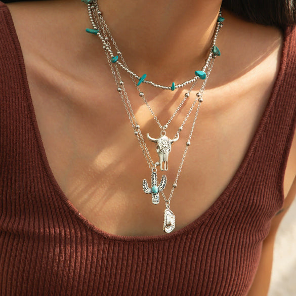 Wholesale Jewelry Retro Style Geometric Zinc Alloy Electroplated Cow Head Beaded Ball Chain Clavicle Necklace For Women