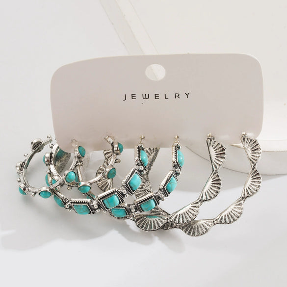 Wholesale Jewelry Retro Style Heart Shape Alloy Turquoise Inlaid Earrings Set