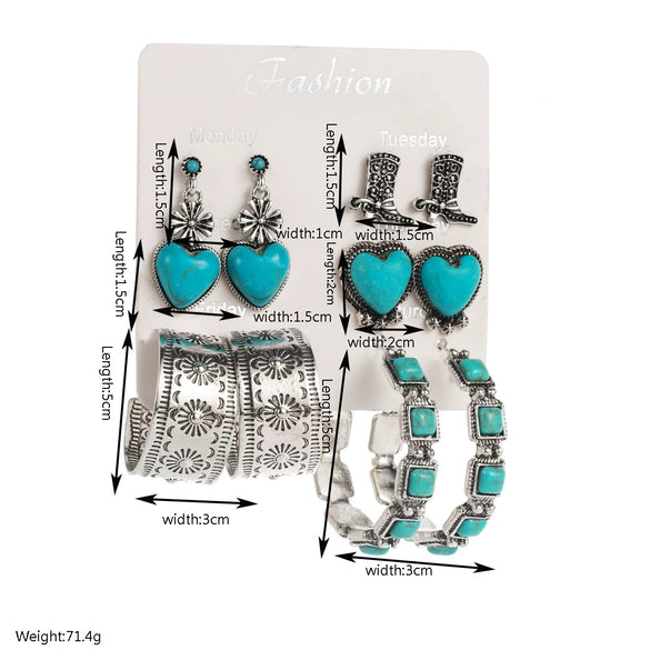 Wholesale Jewelry Retro Style Heart Shape Alloy Turquoise Inlaid Earrings Set