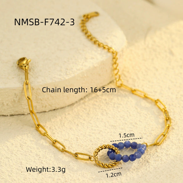 Wholesale Jewelry Retro Style Interlocking Ring Natural Stone Stainless Steel Electroplated Bracelet For Women