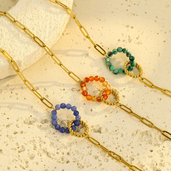 Wholesale Jewelry Retro Style Interlocking Ring Natural Stone Stainless Steel Electroplated Bracelet For Women