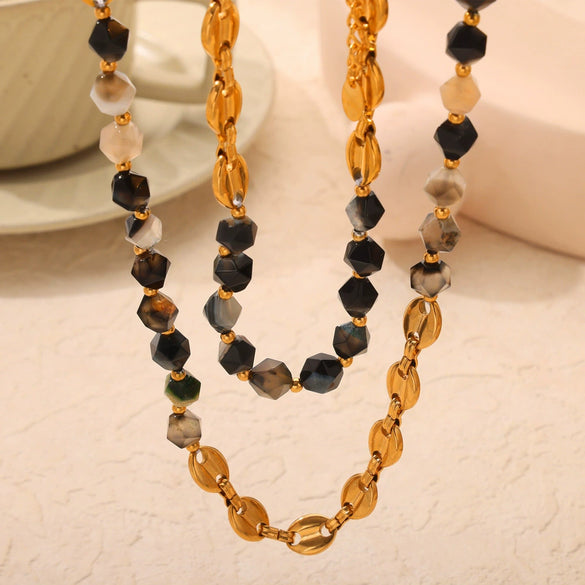 Wholesale Jewelry Retro Style Irregular Natural Stone 316L Stainless Steel Gold Plated Handmade Beaded Necklace Bracelet