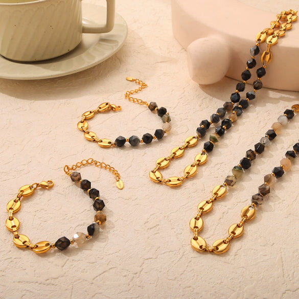 Wholesale Jewelry Retro Style Irregular Natural Stone 316L Stainless Steel Gold Plated Handmade Beaded Necklace Bracelet