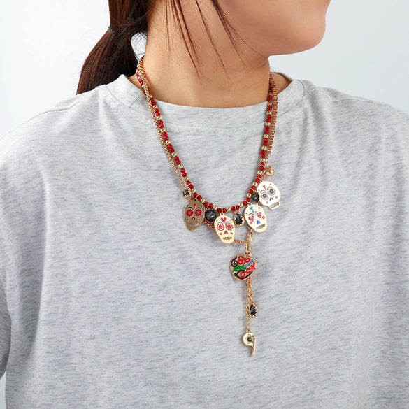 Wholesale Jewelry Retro Style Metal Skull Heart Whistle Twopiece Necklace Zinc Alloy Set With Diamonds Geometric Animal Zodiac Pattern