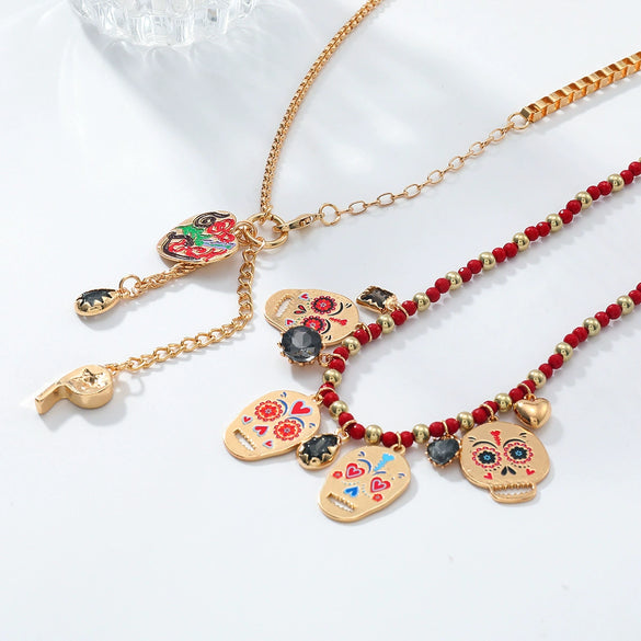 Wholesale Jewelry Retro Style Metal Skull Heart Whistle Twopiece Necklace Zinc Alloy Set With Diamonds Geometric Animal Zodiac Pattern