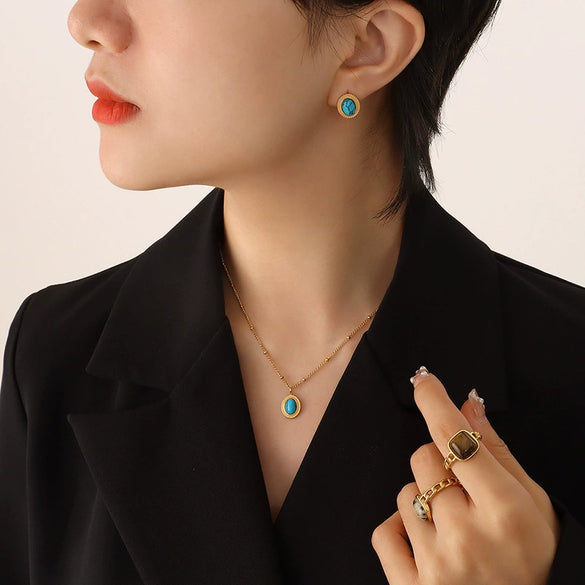 Wholesale Jewelry Retro Style Natural Cat's Eye Stone And Turquoise Titanium Steel Earrings And Necklace With Electroplating