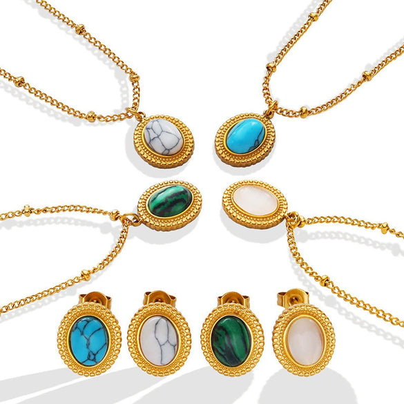 Wholesale Jewelry Retro Style Natural Cat's Eye Stone And Turquoise Titanium Steel Earrings And Necklace With Electroplating