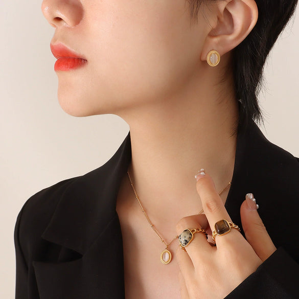 Wholesale Jewelry Retro Style Natural Cat's Eye Stone And Turquoise Titanium Steel Earrings And Necklace With Electroplating