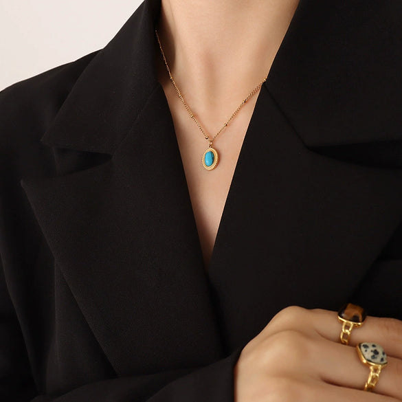 Wholesale Jewelry Retro Style Natural Cat's Eye Stone And Turquoise Titanium Steel Earrings And Necklace With Electroplating