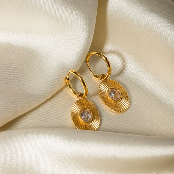 Wholesale Jewelry Retro Style Oval Coin Titanium Steel Inlaid White Diamond Pendant Earrings For Women