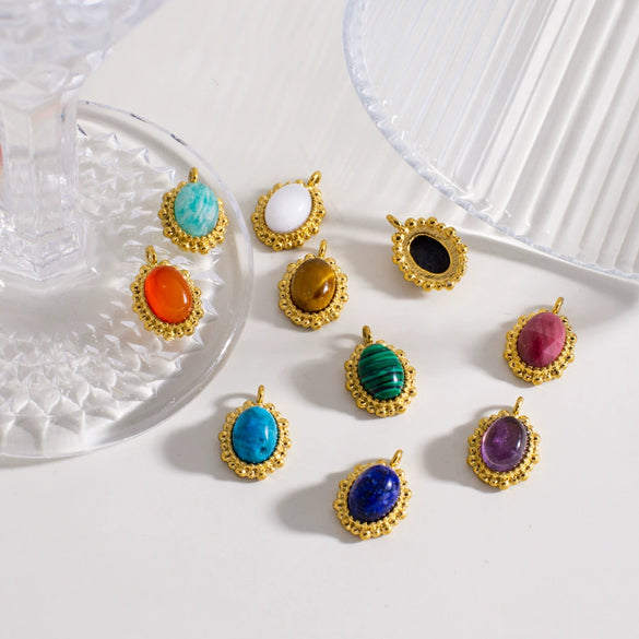 Wholesale Jewelry Retro Style Oval Natural Stone Inlaid Stainless Steel Electroplated Earrings Pendant
