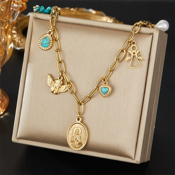 Wholesale Jewelry Retro Style Oval Star Shape Stainless Steel Electroplated Pendant O Chain For Women