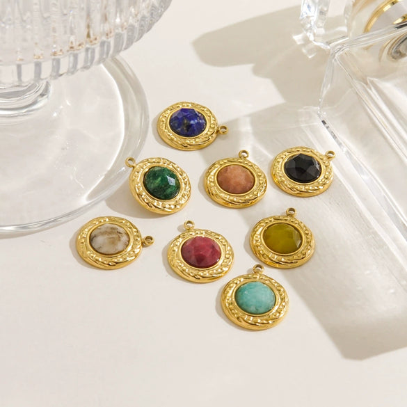 Wholesale Jewelry Retro Style Round Stainless Steel Natural Stone Inlay Pendant