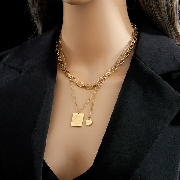 Wholesale Jewelry Retro Style Square Geometric Titanium Steel Electroplated Pendant Necklace For Women