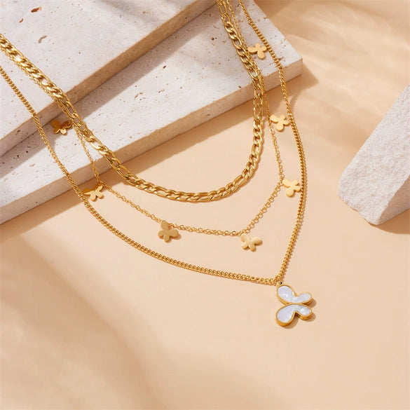 Wholesale Jewelry Retro Style Stainless Steel Multilayer Irregular Heart Shape Flower Bow Tie Gold Plated Necklace