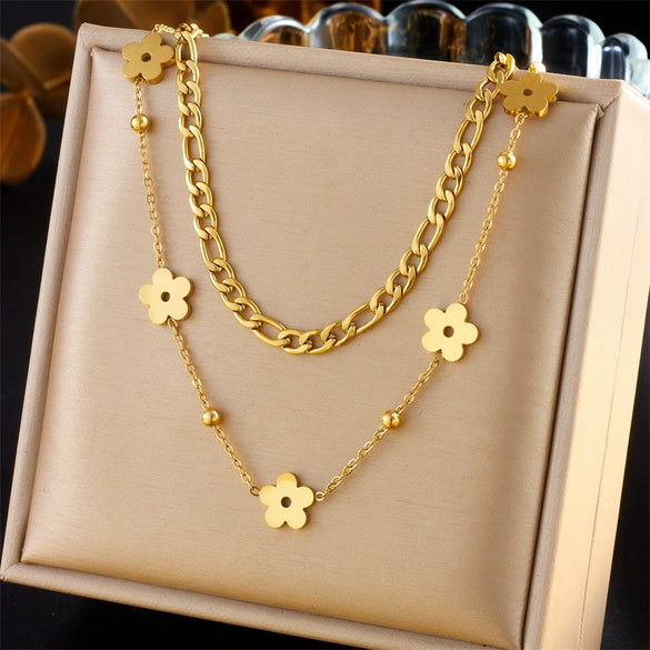 Wholesale Jewelry Retro Style Stainless Steel Multilayer Irregular Heart Shape Flower Bow Tie Gold Plated Necklace
