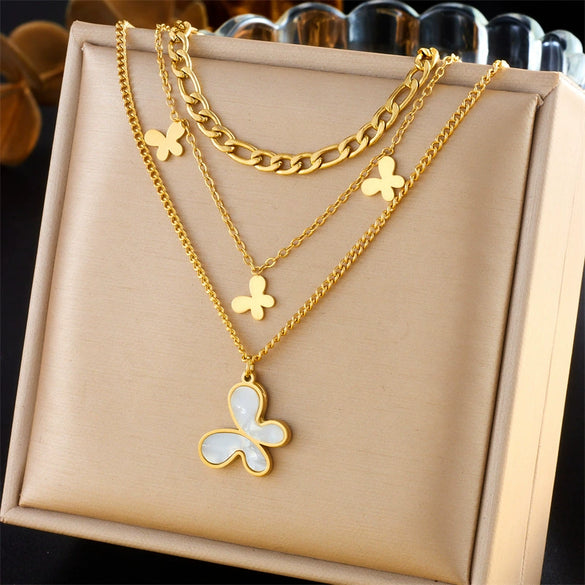 Wholesale Jewelry Retro Style Stainless Steel Multilayer Irregular Heart Shape Flower Bow Tie Gold Plated Necklace