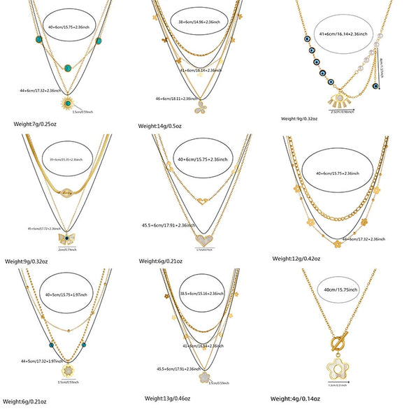 Wholesale Jewelry Retro Style Stainless Steel Multilayer Irregular Heart Shape Flower Bow Tie Gold Plated Necklace