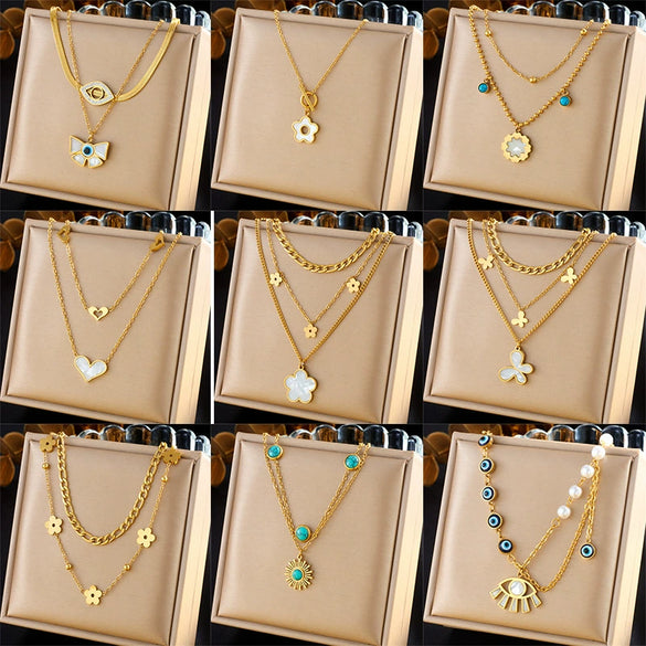 Wholesale Jewelry Retro Style Stainless Steel Multilayer Irregular Heart Shape Flower Bow Tie Gold Plated Necklace