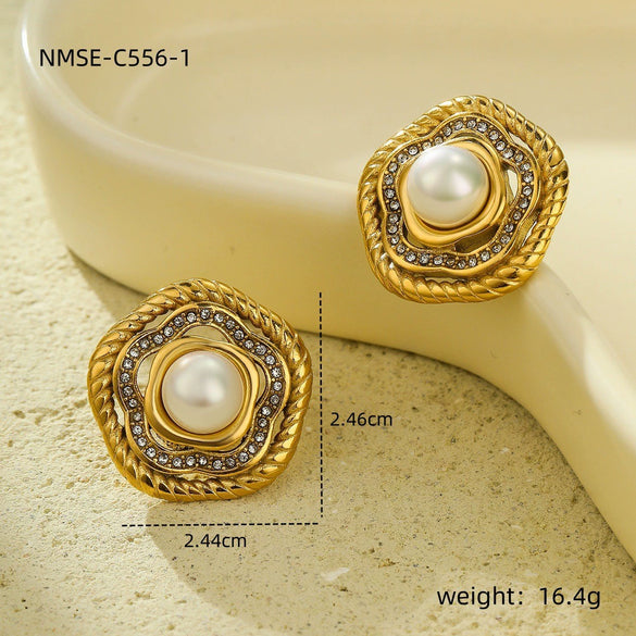 Wholesale Jewelry Retro Style Stainless Steel Petal Texture With Pearl Earrings Electroplated